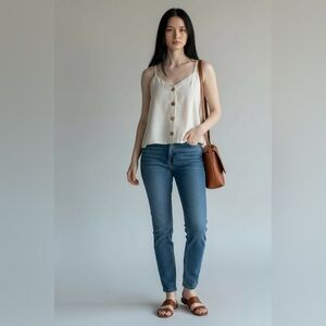 Midnight Sky Linen Blend Button Front Cami Top Beige Women’s Size M